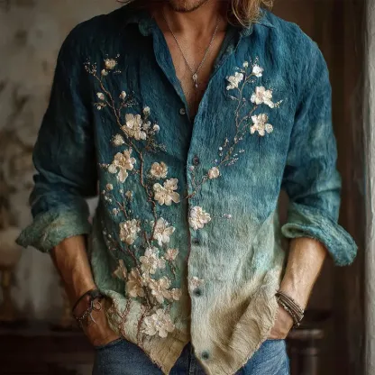 Men's Apricot Blossom Embroidery Oil Painting Art Linen Shirt - Blue