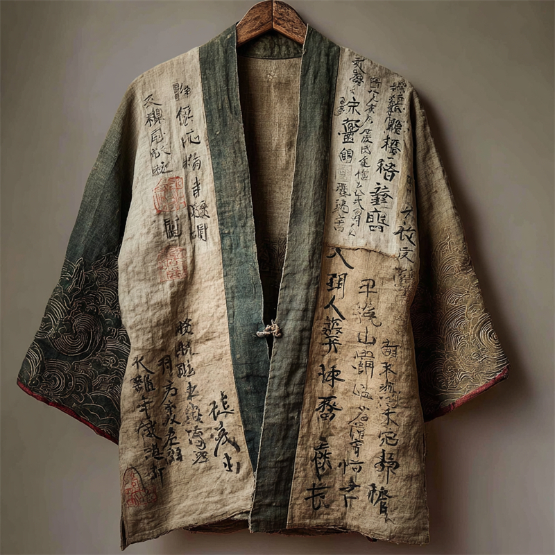 Japanese Ancient Calligraphy Patchwork Linen Kimono - Beige
