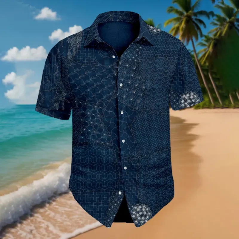 Men's Japanese Traditional Sashiko Art Beach Linen Shirt - Black