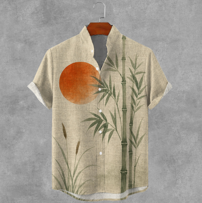 Men's Japanese Art Bamboo And Sunset Print Casual Short Sleeve Shirt - Khaki