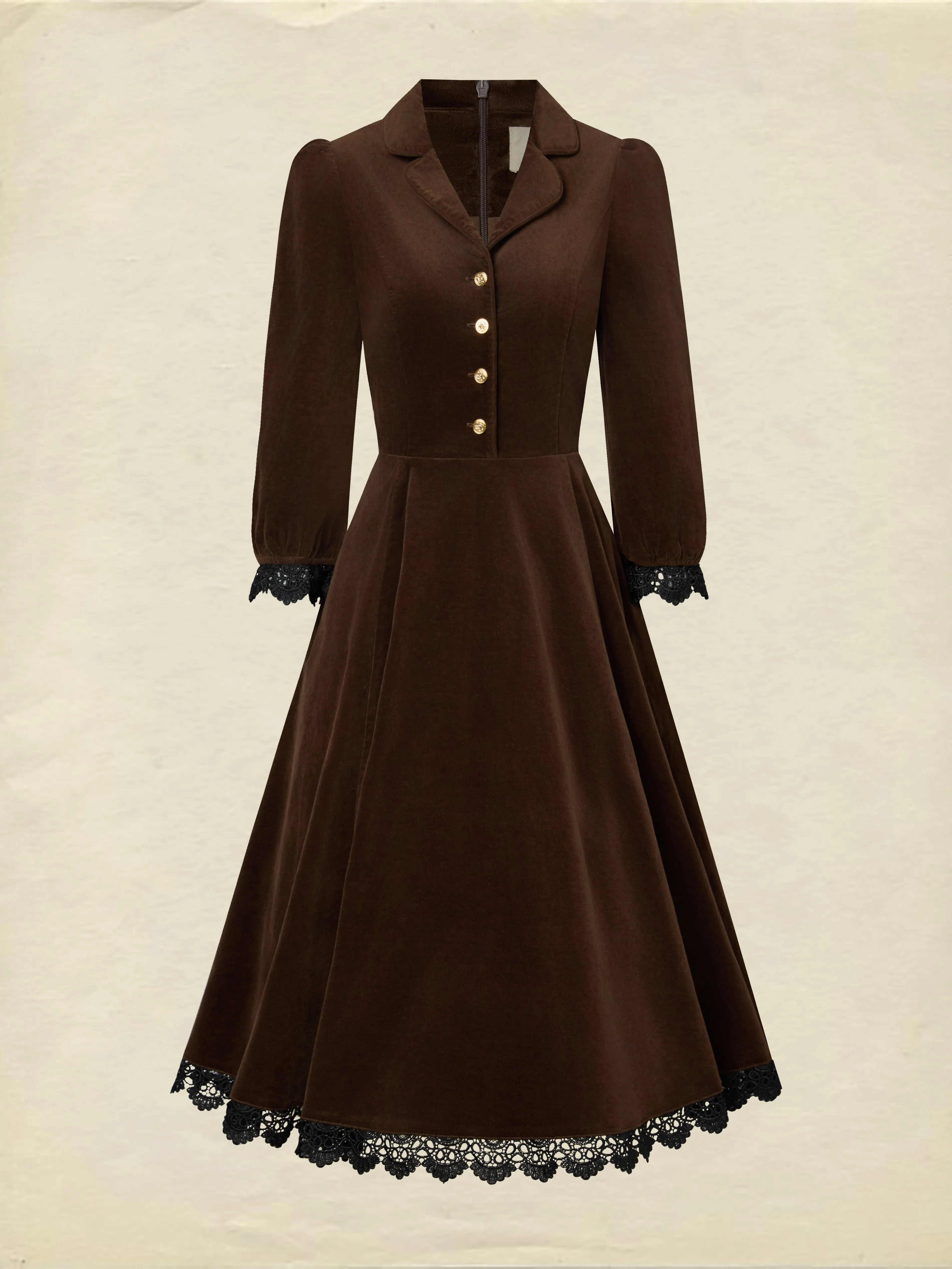 Midi Cotton Dress, Half Sleeve, Lapel Collar, Plain, Lace, Vintage, Coffee - Coffee