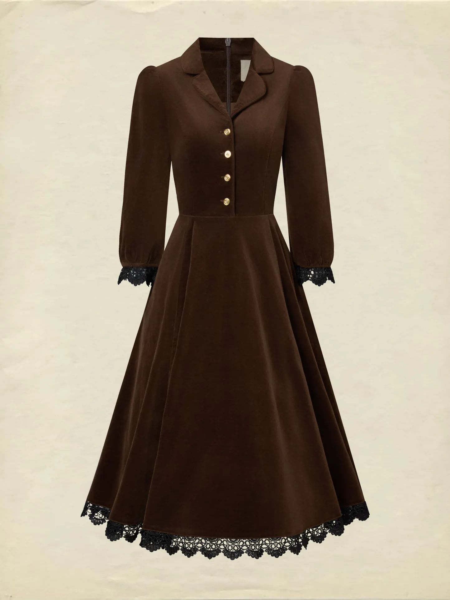 Midi Cotton Dress, Half Sleeve, Lapel Collar, Plain, Lace, Vintage, Coffee - Coffee