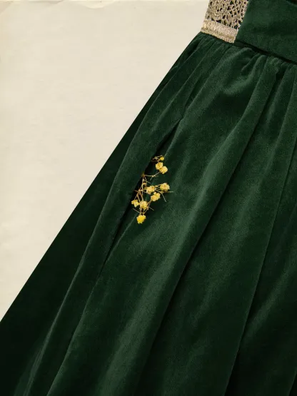 Maxi Cotton Dress, Long Sleeves, Square Neck, Plain, Lace, Vintage, Green - Green