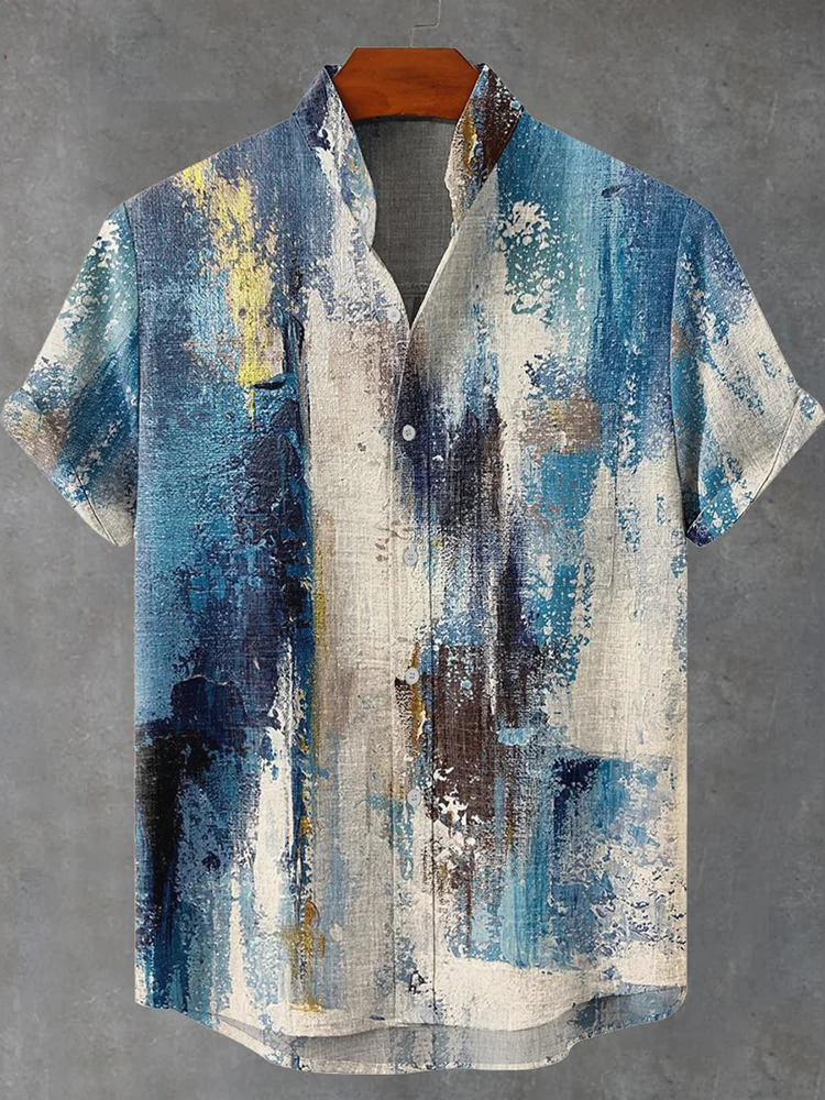 Men's Vintage Abstract Geometric Oil Painting Gradient Art Short Sleeve Shirt - Blue