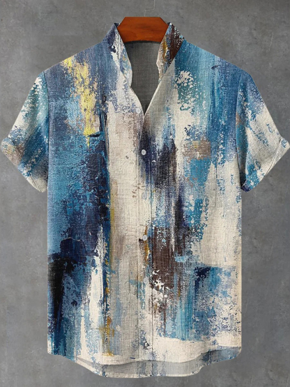 Men's Vintage Abstract Geometric Oil Painting Gradient Art Short Sleeve Shirt - Blue