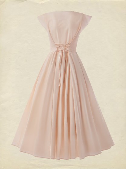Linen Midi Dress, Short Sleeve, Lace Collar, Plain, Vintage, Light Pink - Light Pink