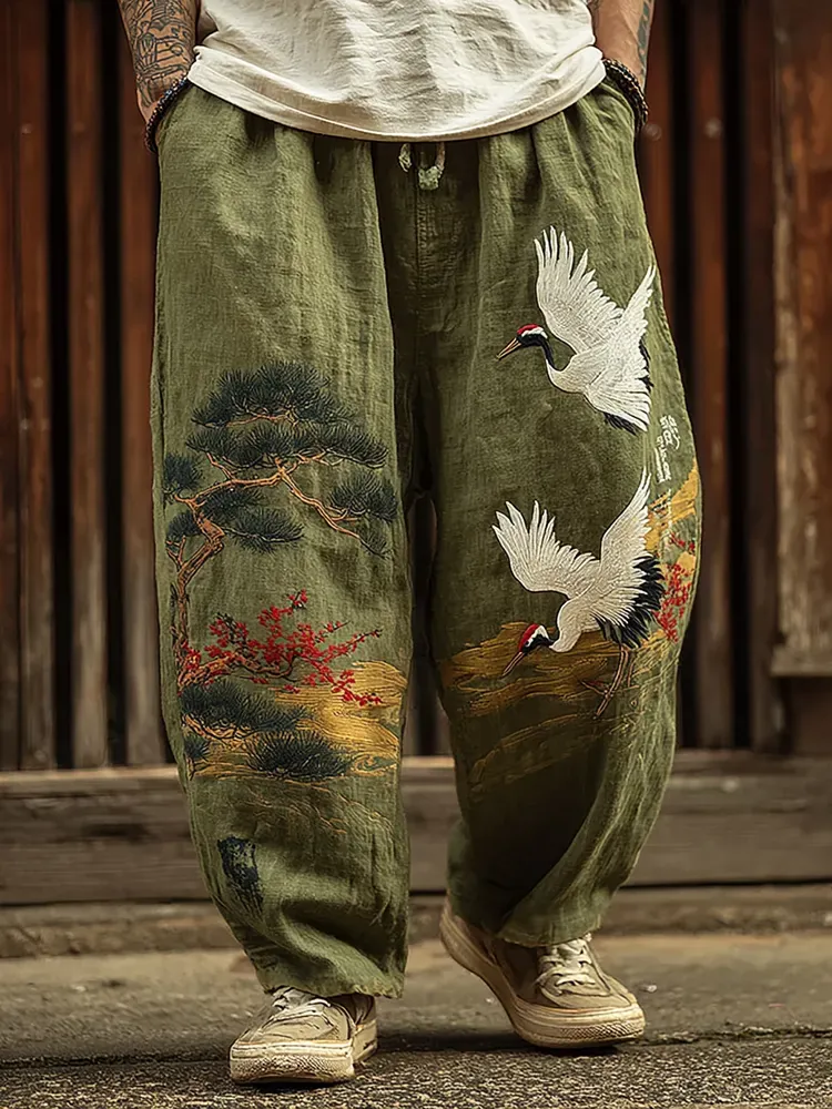 Men's Vintage Japanese Pine Crane Art Embroidery Art Linen Blended Casual Pants - Green