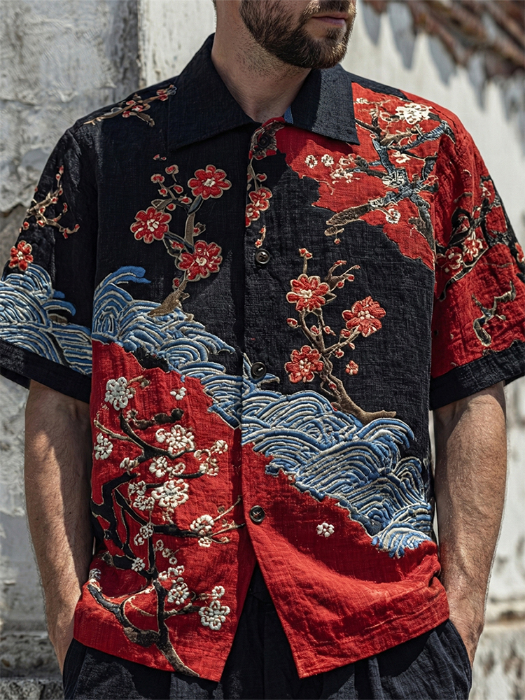 Men's Japanese Cherry Blossom And Wave Art Pattern Short Sleeve Shirt - Black red