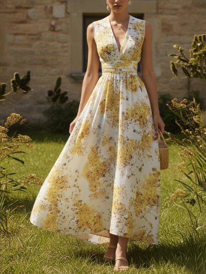 Maxi Linen Dress, Sleeveless, V Neck, Floral, Vacation, Vintage, Light Yellow - Light Yellow