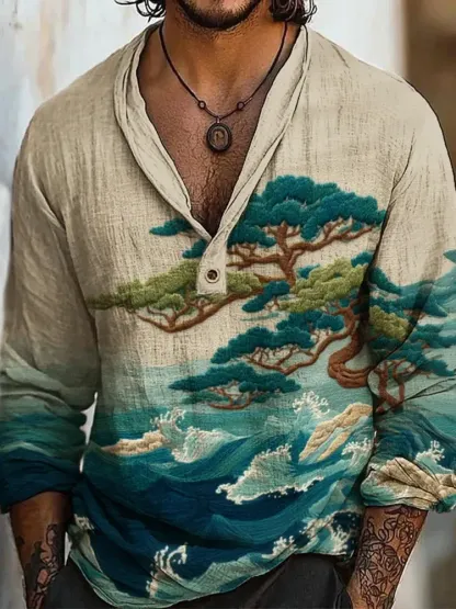 Men's Vintage Japanese Wave Pine Art Print Long Sleeve Linen Blend Shirt - Khaki