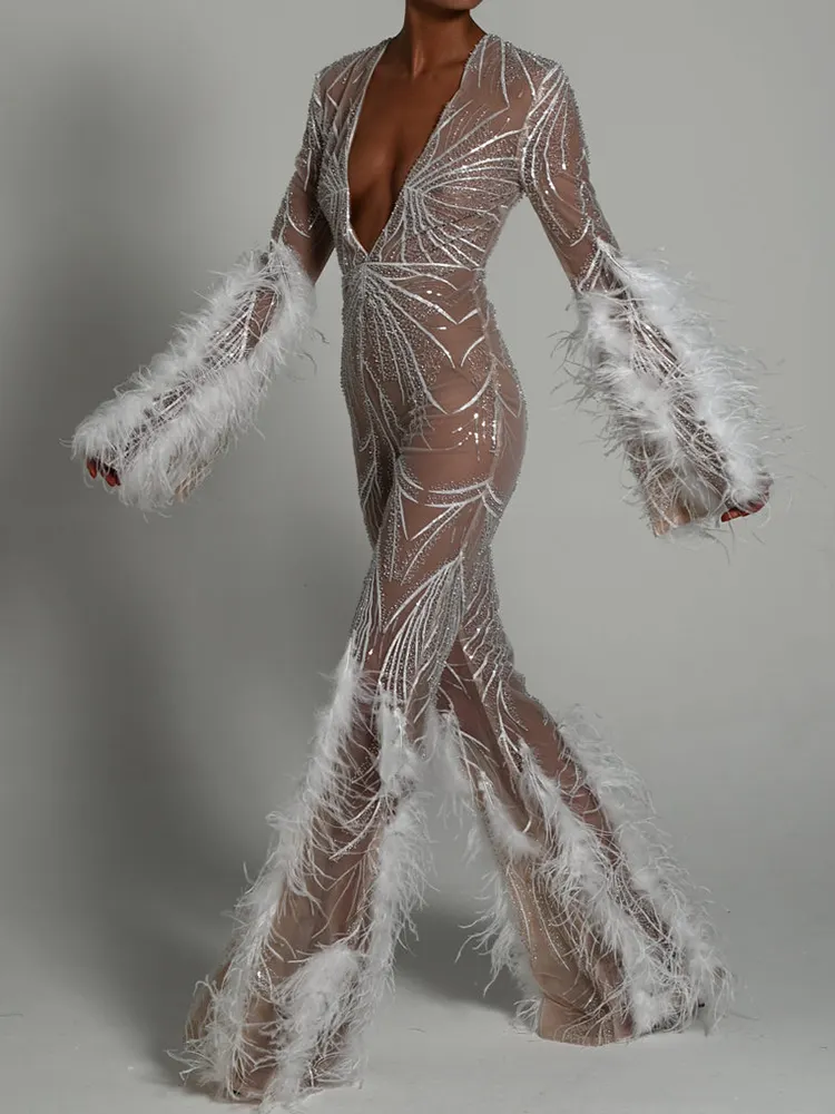 Sexy Deep V-Neck Flared Sleeve See-Through Feathers Evening Jumpsuits