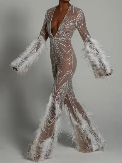 Sexy Deep V-Neck Flared Sleeve See-Through Feathers Evening Jumpsuits