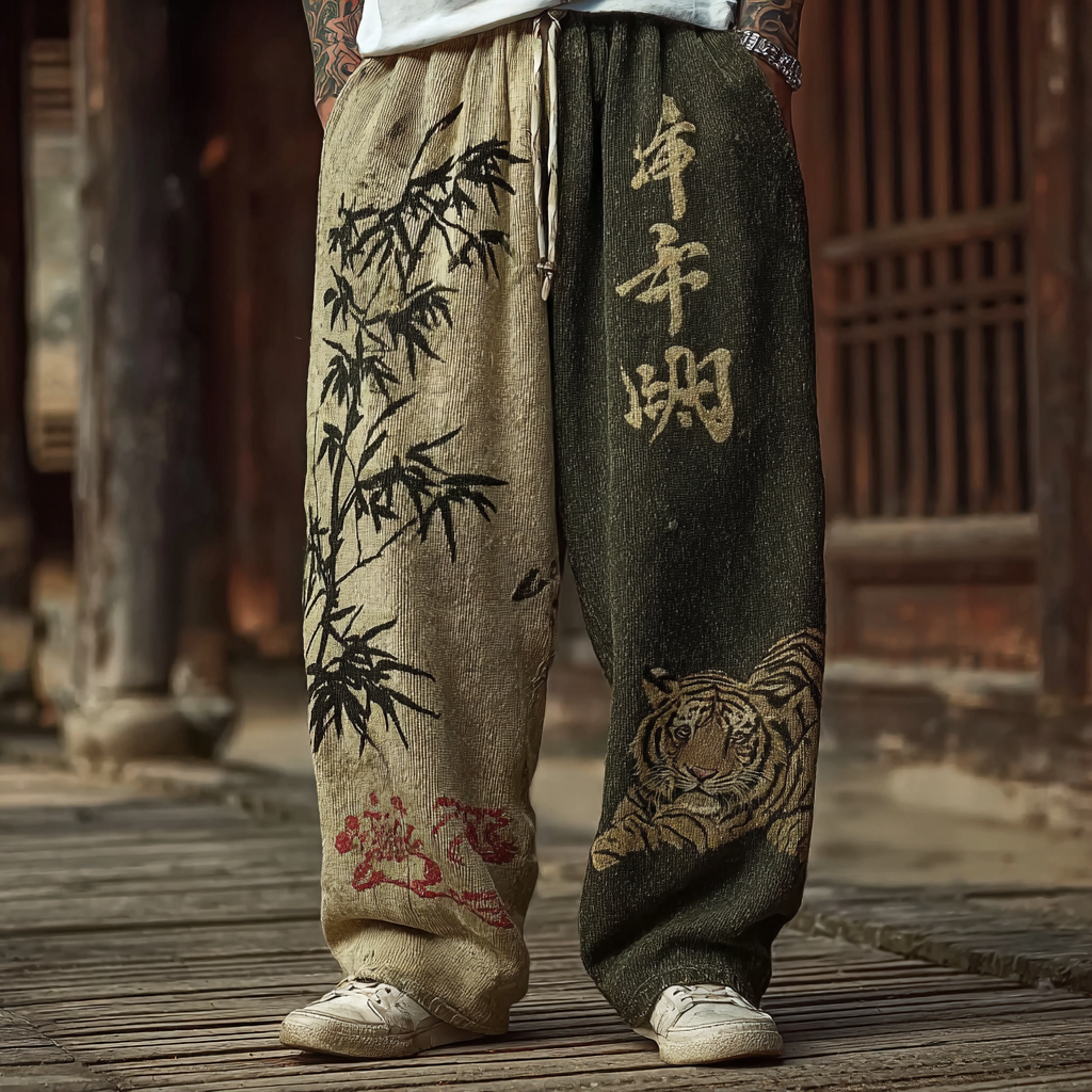 Japanese Art Retro Style Casual Knitted Long Pants - Beige green