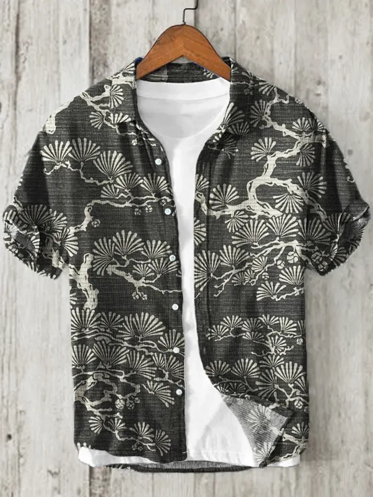 Pine Trees Japanese Lino Art Pattern Linen Blend Shirt - Blue