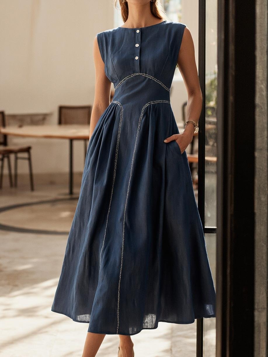 Maxi Linen Dress, Cap Sleeves, Crew Neck, Plain, Pocket Design, French Vintage, Blue - Blue