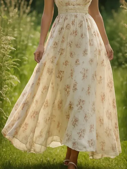 Linen Maxi Dress, Short Sleeve, V neck, Floral, Vintage, Apricot - Apricot