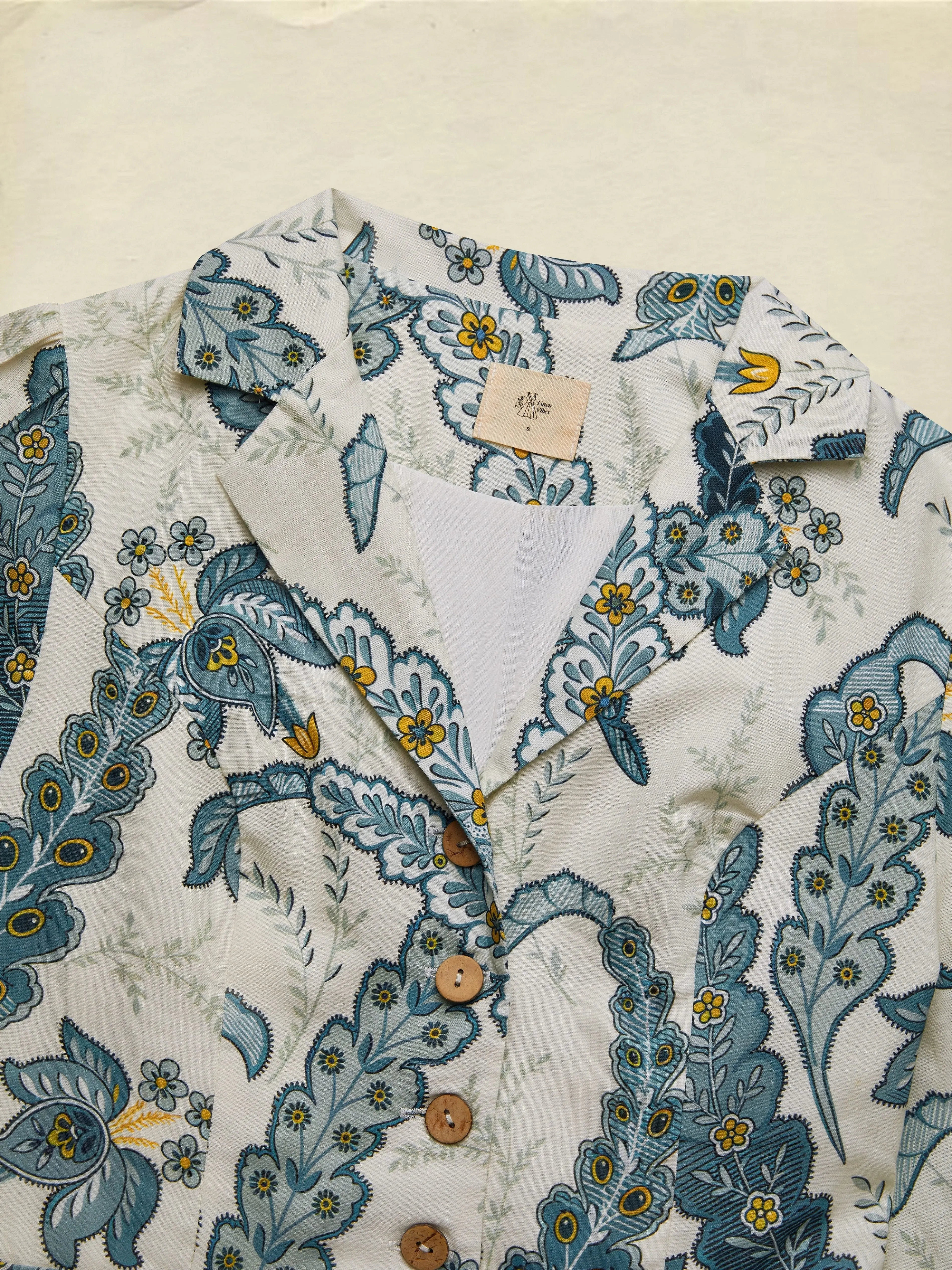 Maxi Linen Dress, Half Sleeve, Shawl Collar, Paisley, Button Design, Vacation, Vintage, White - White