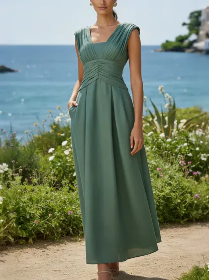 Maxi Linen Dress, Sleeveless, V Neck, Plain, Vintage, Green - Green