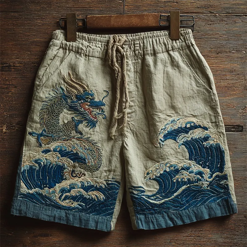 Japanese Dragon & Sea Waves Embroidered Linen Shorts - Blue