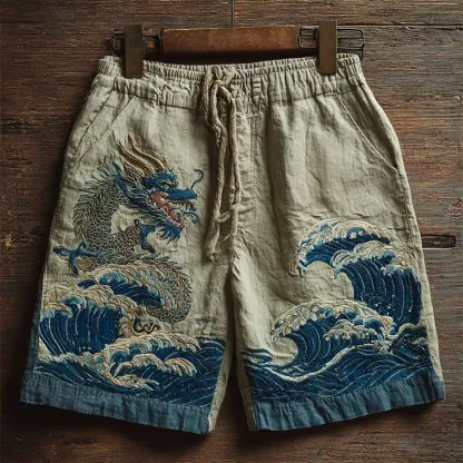 Japanese Dragon & Sea Waves Embroidered Linen Shorts - Blue