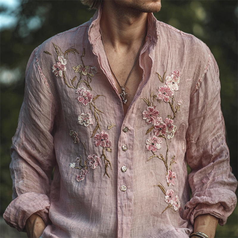 Men's Vintage Pink Cherry Blossom Embroidered Flowy Linen Shirt - Pink