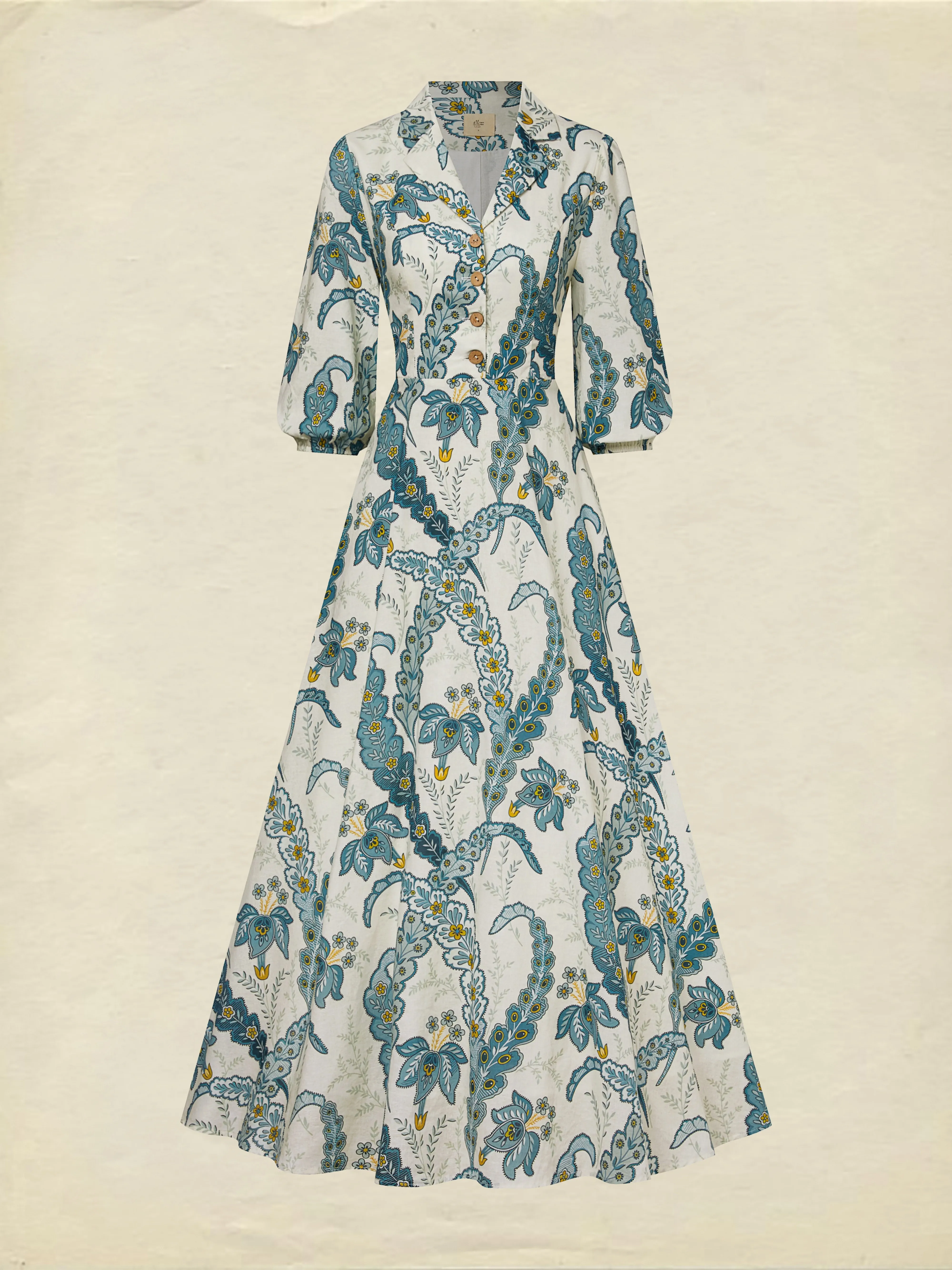 Maxi Linen Dress, Half Sleeve, Shawl Collar, Paisley, Button Design, Vacation, Vintage, White - White
