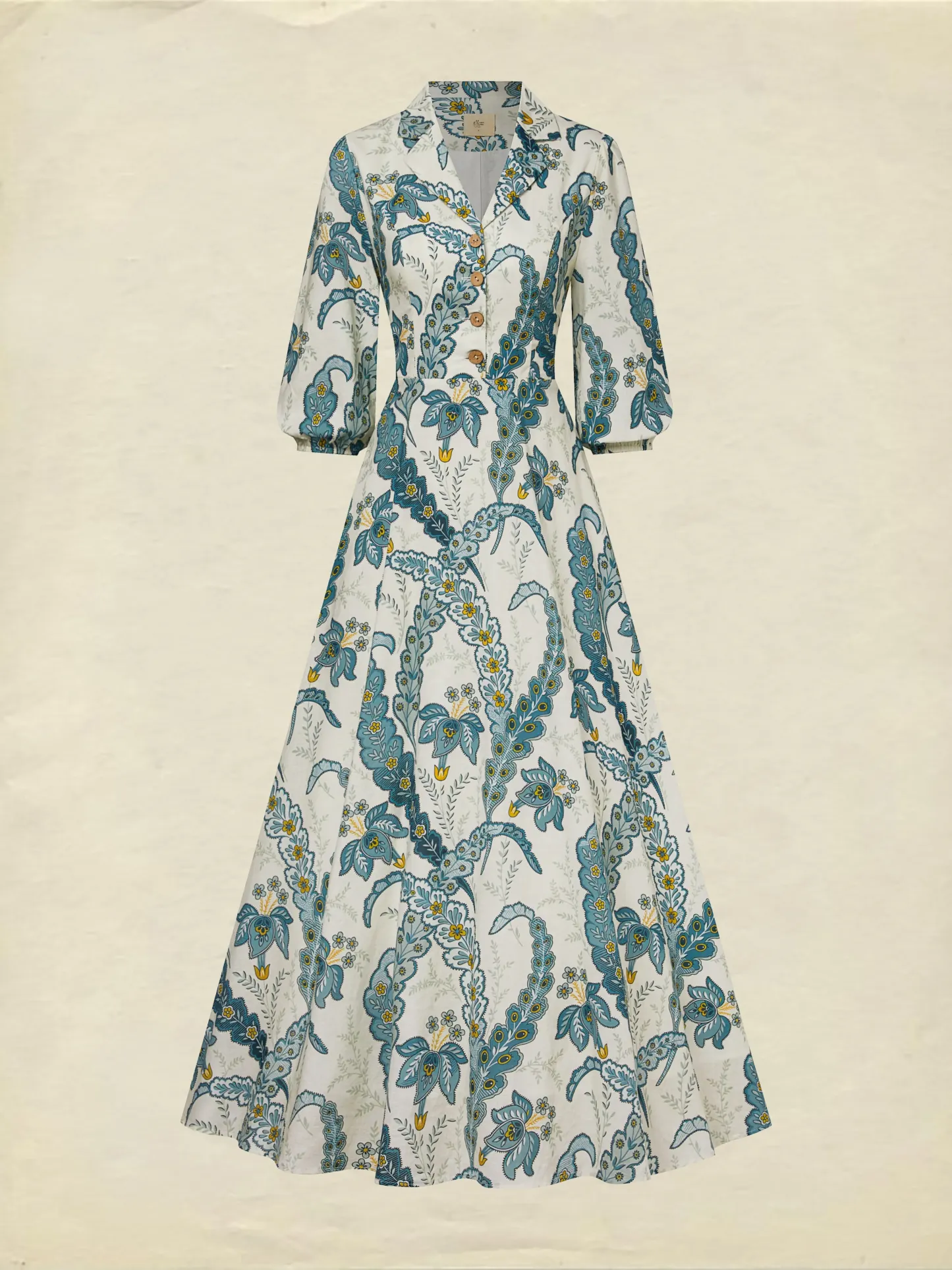 Maxi Linen Dress, Half Sleeve, Shawl Collar, Paisley, Button Design, Vacation, Vintage, White - White