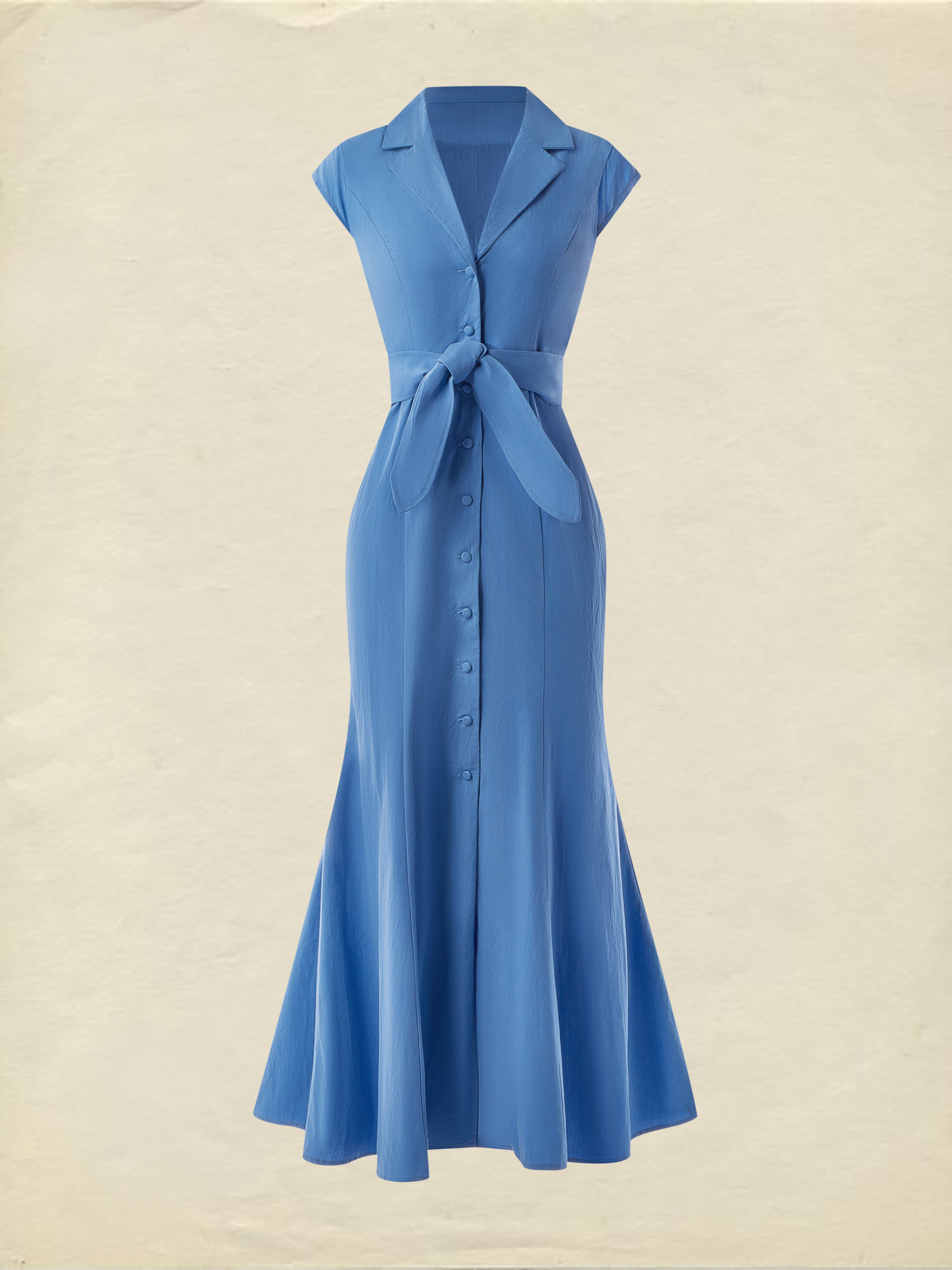 (SIZE:XS-XXL) Cotton Maxi Dress, Cap Sleeve, Lapel Collar, Plain, Vintage, Blue - Blue