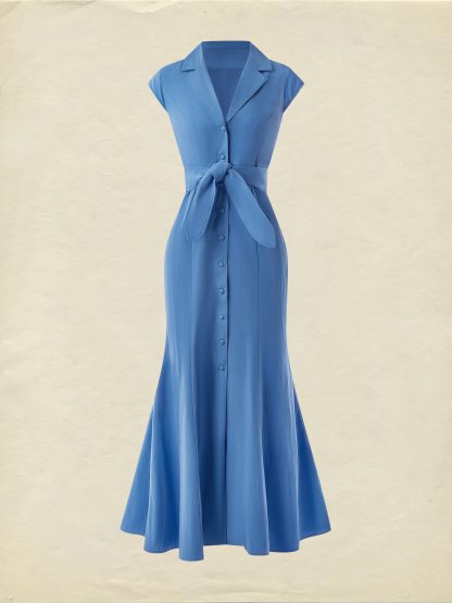 (SIZE:XS-XXL) Cotton Maxi Dress, Cap Sleeve, Lapel Collar, Plain, Vintage, Blue - Blue