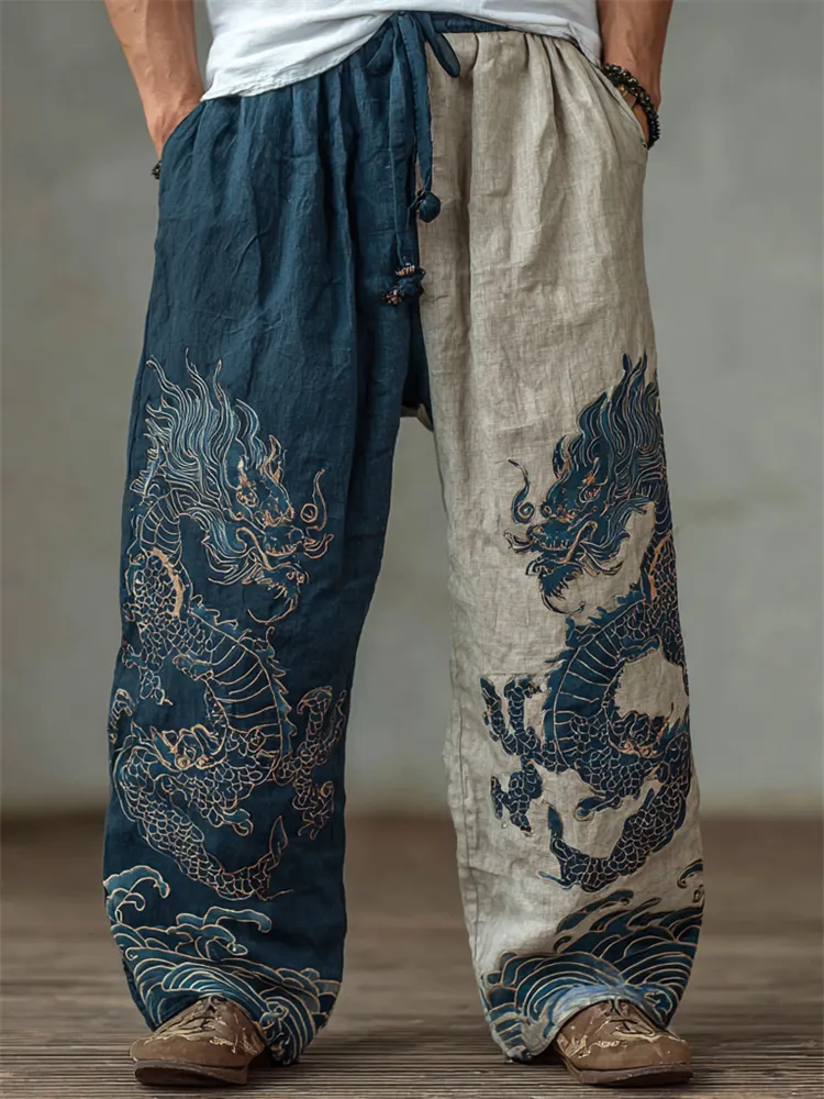 Men's Japanese Dragons Sea Waves Contrast Wide Leg Linen Pants - Blue