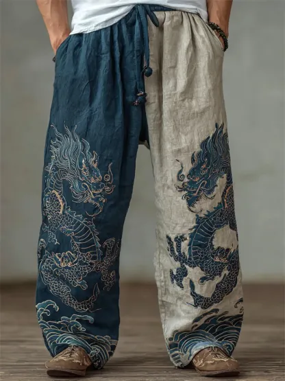 Men's Japanese Dragons Sea Waves Contrast Wide Leg Linen Pants - Blue