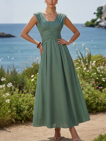 Maxi Linen Dress, Sleeveless, V Neck, Plain, Vintage, Green - Green