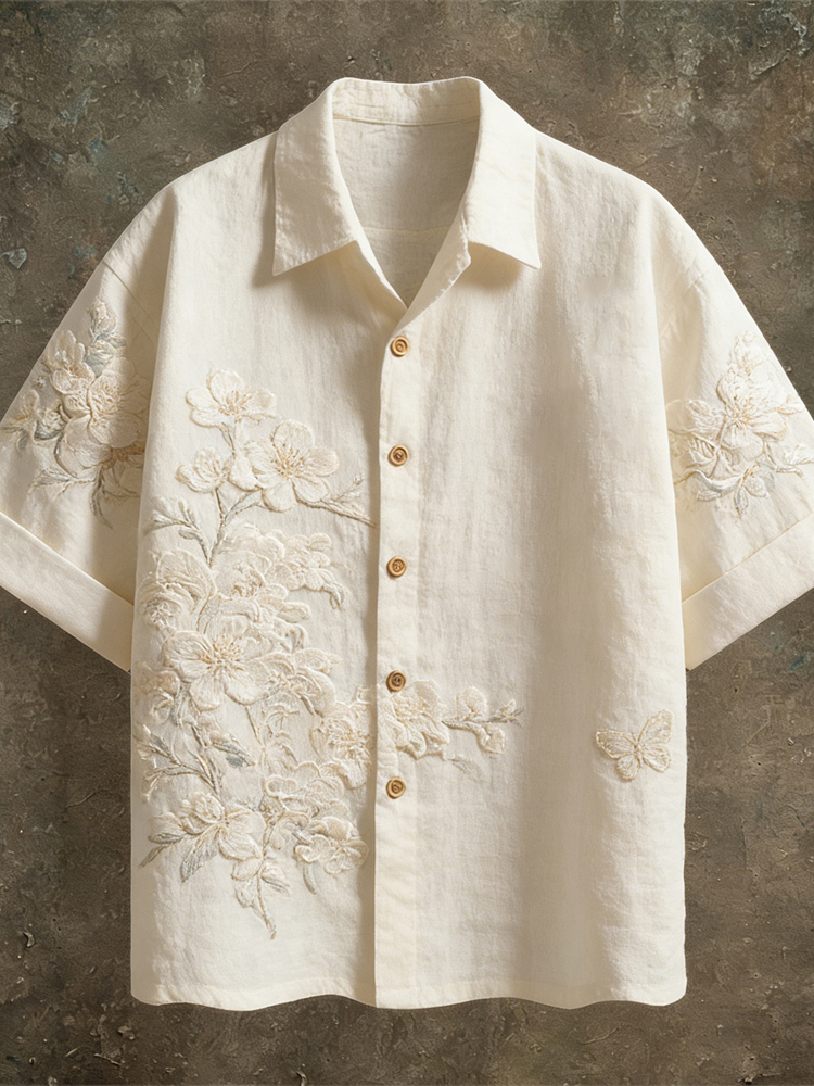 Vintage Lace Floral Pattern Linen Short Sleeve Shirt - Cream beige