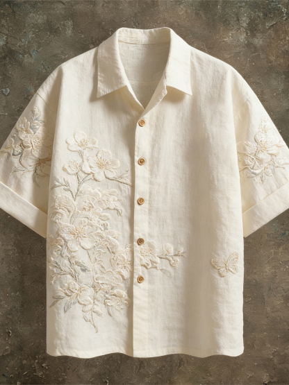 Vintage Lace Floral Pattern Linen Short Sleeve Shirt - Cream beige