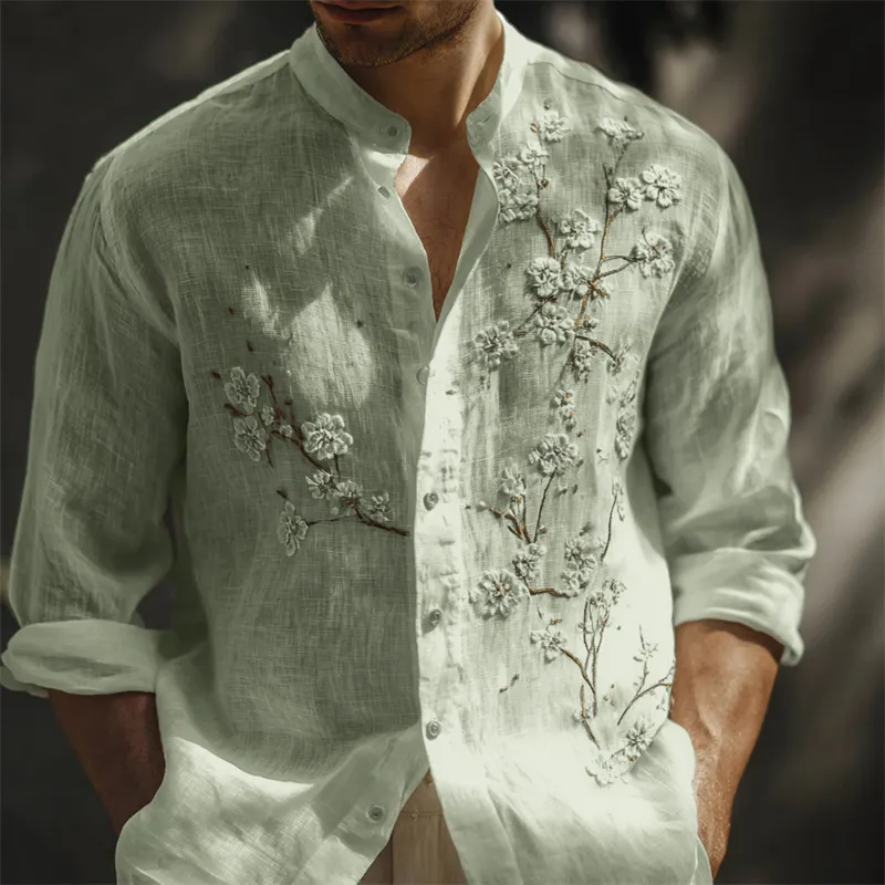 Men's Classy White Almond Blossom Embroidered Linen Shirt - White