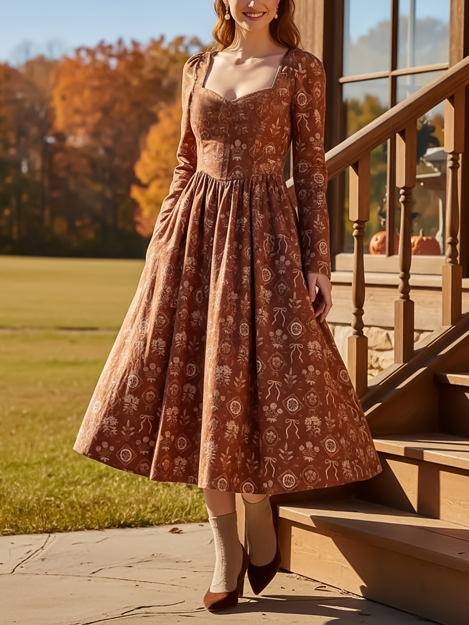 Midi Linen Dress, Long Sleeves, Sweetheart Neck, Floral, Vintage, Caramel - Caramel