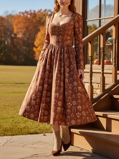 Midi Linen Dress, Long Sleeves, Sweetheart Neck, Floral, Vintage, Caramel - Caramel