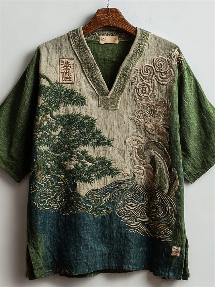Japanese Pine Tree & Sea Waves Embroidered Contrast Linen Shirt - Green
