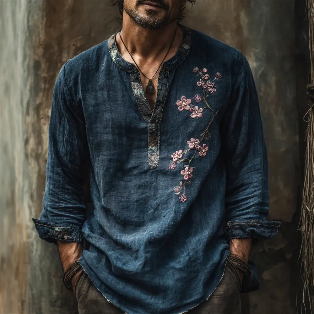 Japanese Plum Flower Embroidery Men's Linen Long Sleeve Shirt - Navy blue