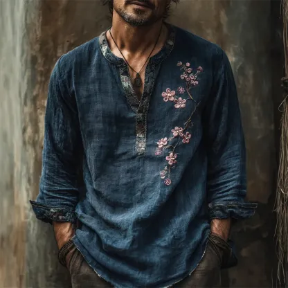 Japanese Plum Flower Embroidery Men's Linen Long Sleeve Shirt - Navy blue