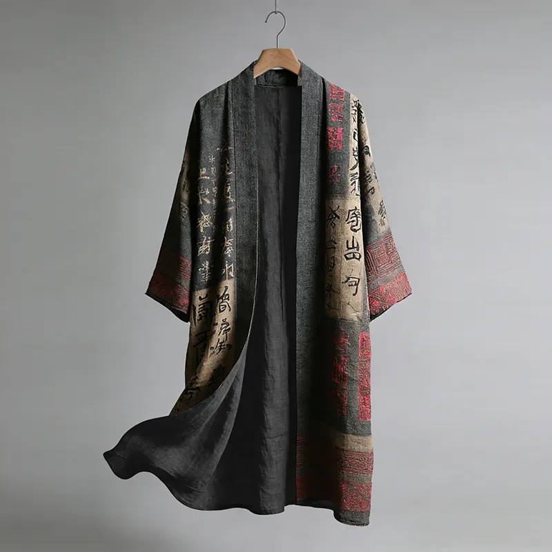 Calligraphy Art Pattern Casual Long Kimono Cardigan - Black