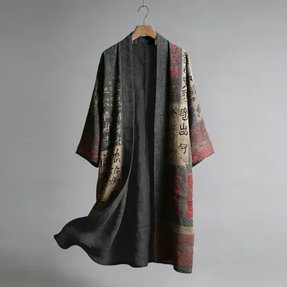 Calligraphy Art Pattern Casual Long Kimono Cardigan - Black