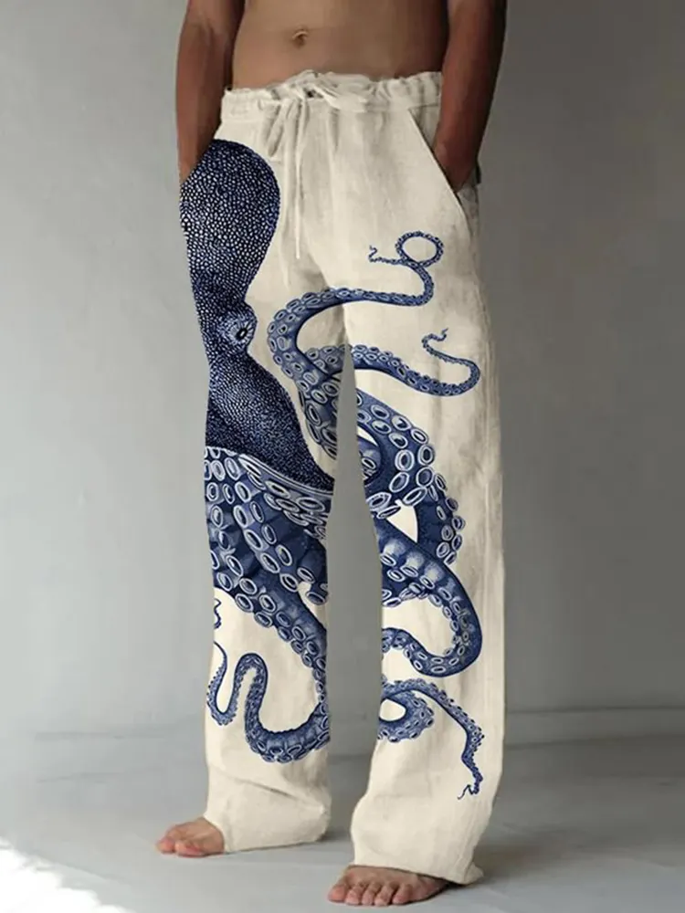 Japanese Art Octopus Graphic Printed Casual Pants - Beige