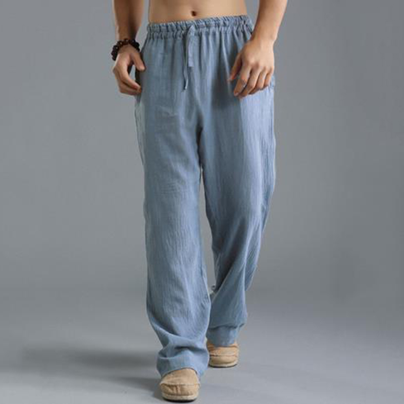 Men'S Vintage Drawstring Casual Cotton Linen Pants - Black