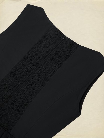 Maxi Cotton Dress, Sleeveless, V Neck, Plain, French Vintage, Black - Black
