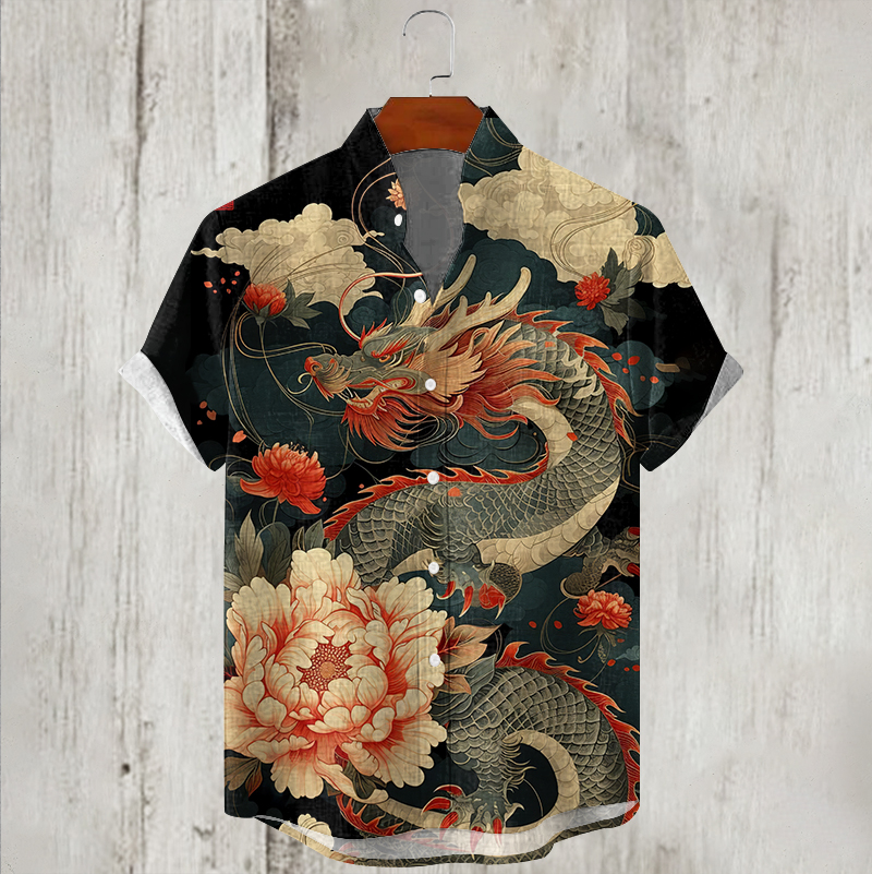 Men's Japanese Art Dragon Linen Blend Cozy Shirt - Black