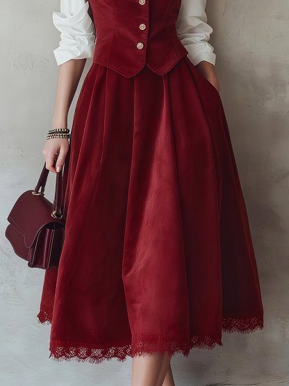 Midi Cotton Skirt (Shirt and Vest Not Included), Plain, Pocket Design, Vintage, Wine Red - Wine Red