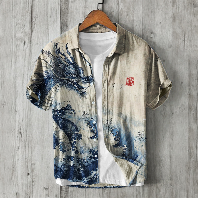 Ancient Dragon & Sea Waves Japanese Art Linen Shirt - Beige