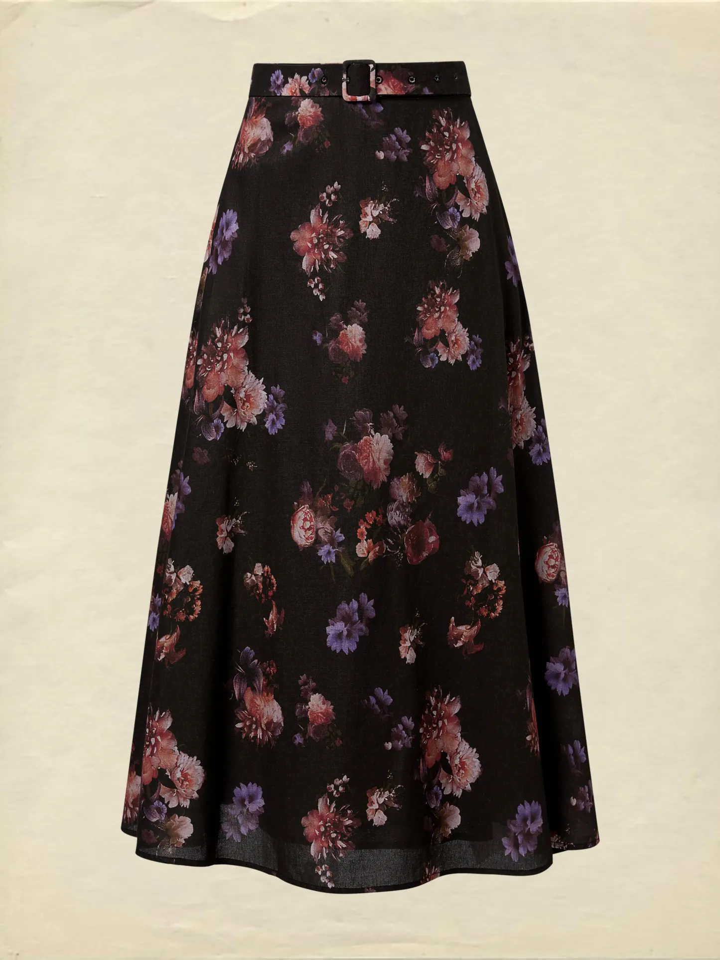 Maxi Cotton Skirt, Floral, Belt Design, Vintage, Black - Black