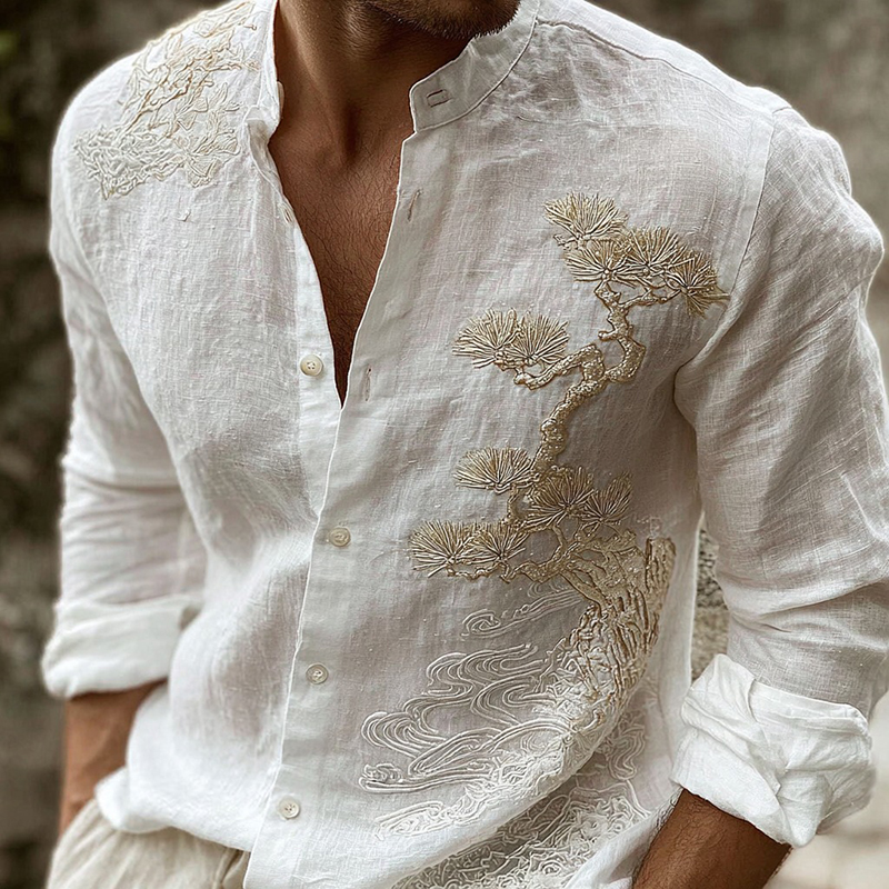 Men's Vintage Pine Tree Art Pattern Linen Blend Shirt - White